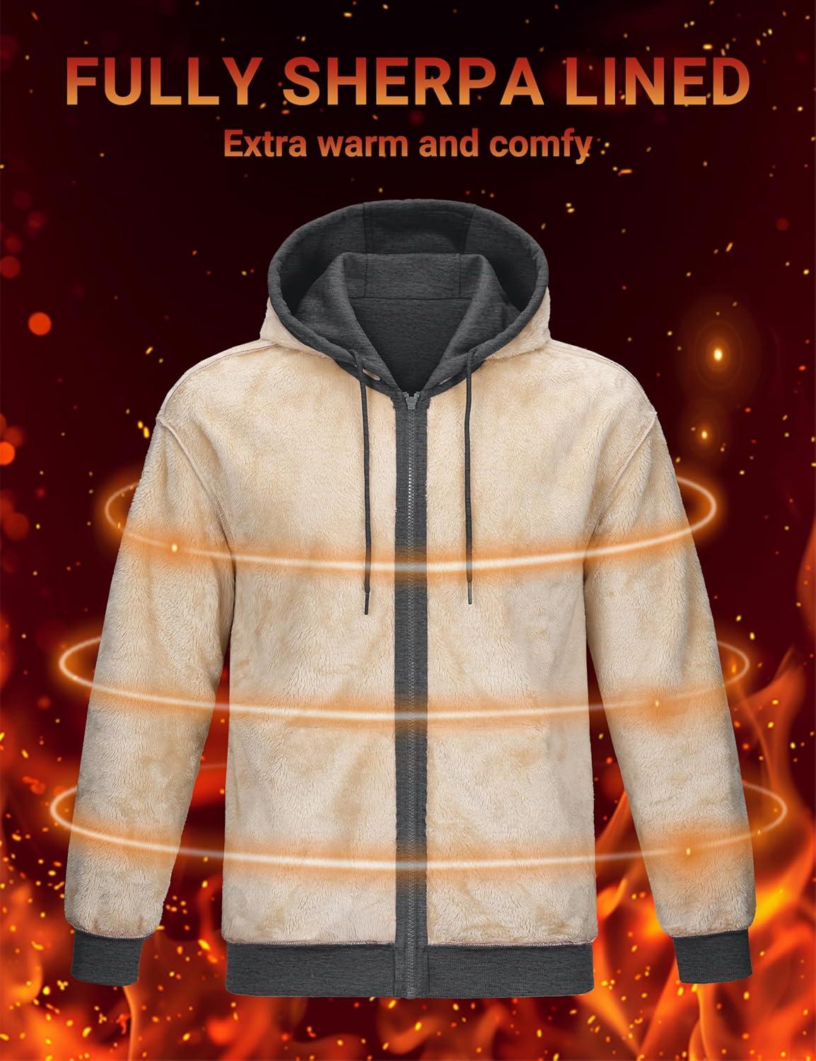imageMAGCOMSEN Mens Zip Up Hoodie Sherpa Lined Hooded Sweatshirt Winter Heavyweight Hoodies Warm Thick Fleece JacketDark Gray