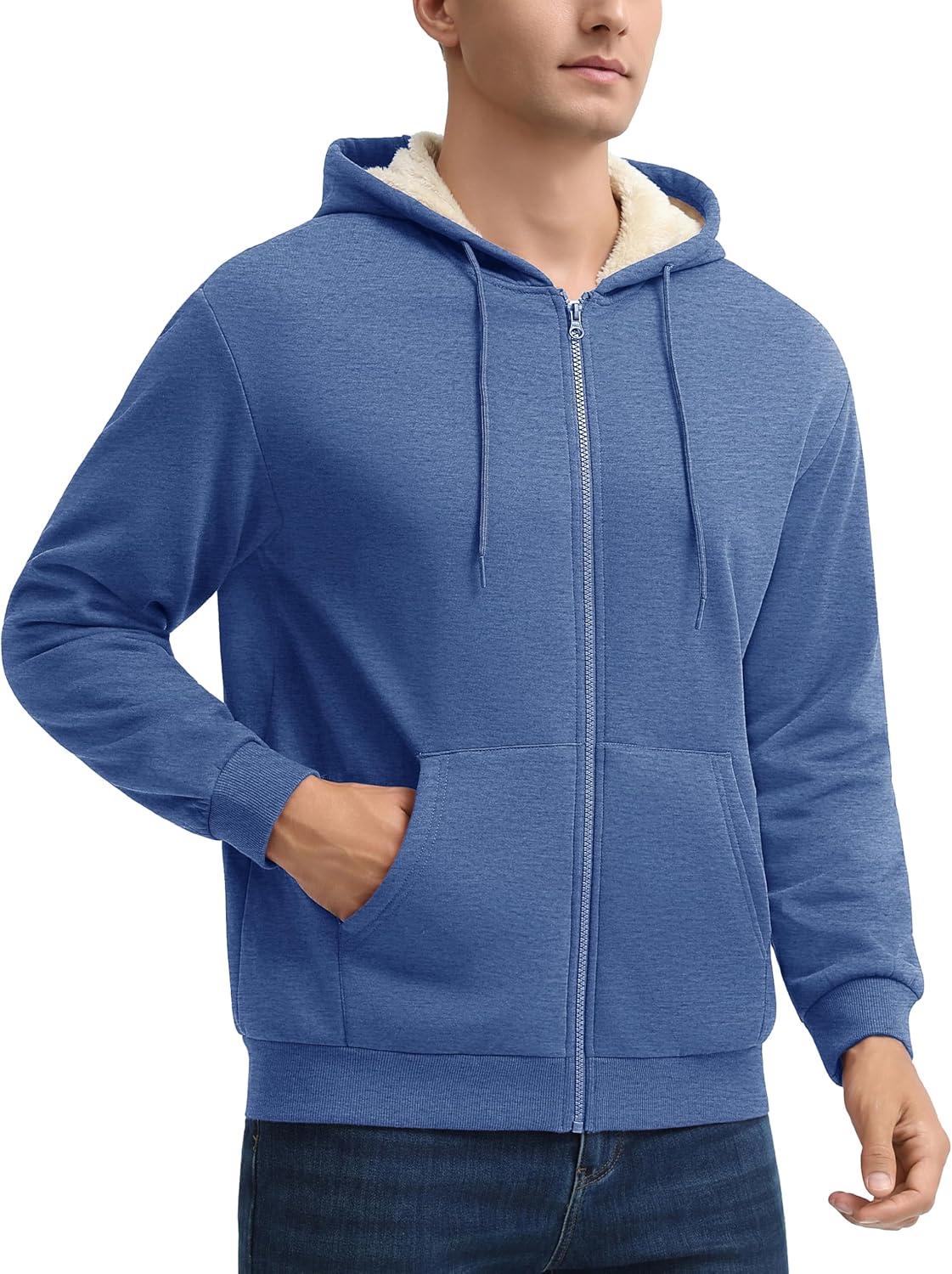 imageMAGCOMSEN Mens Zip Up Hoodie Sherpa Lined Hooded Sweatshirt Winter Heavyweight Hoodies Warm Thick Fleece JacketGray Blue