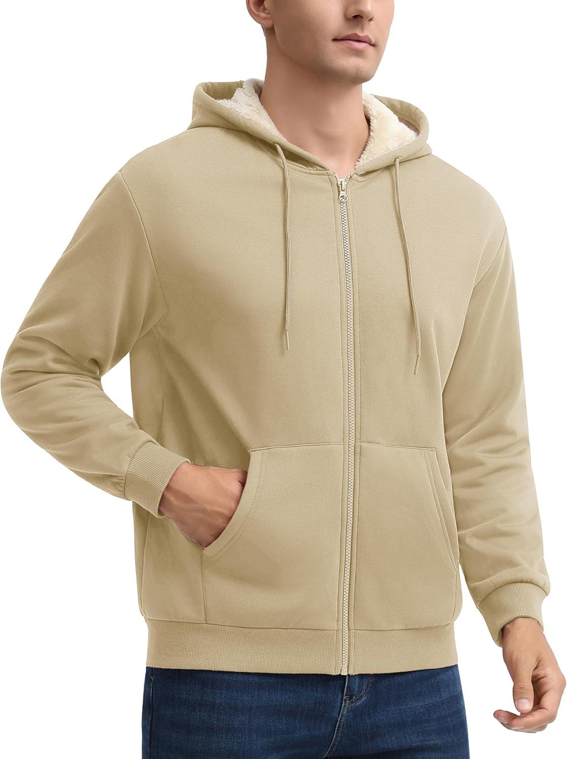 imageMAGCOMSEN Mens Zip Up Hoodie Sherpa Lined Hooded Sweatshirt Winter Heavyweight Hoodies Warm Thick Fleece JacketKhaki