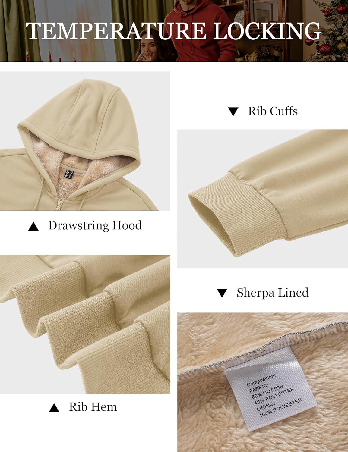imageMAGCOMSEN Mens Zip Up Hoodie Sherpa Lined Hooded Sweatshirt Winter Heavyweight Hoodies Warm Thick Fleece JacketKhaki