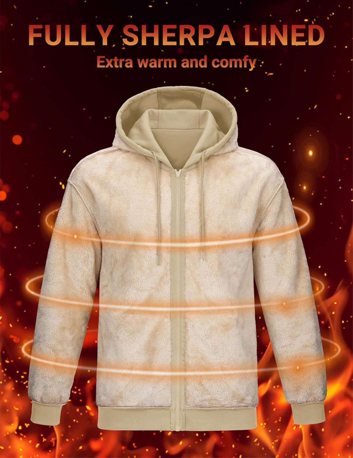 imageMAGCOMSEN Mens Zip Up Hoodie Sherpa Lined Hooded Sweatshirt Winter Heavyweight Hoodies Warm Thick Fleece JacketKhaki