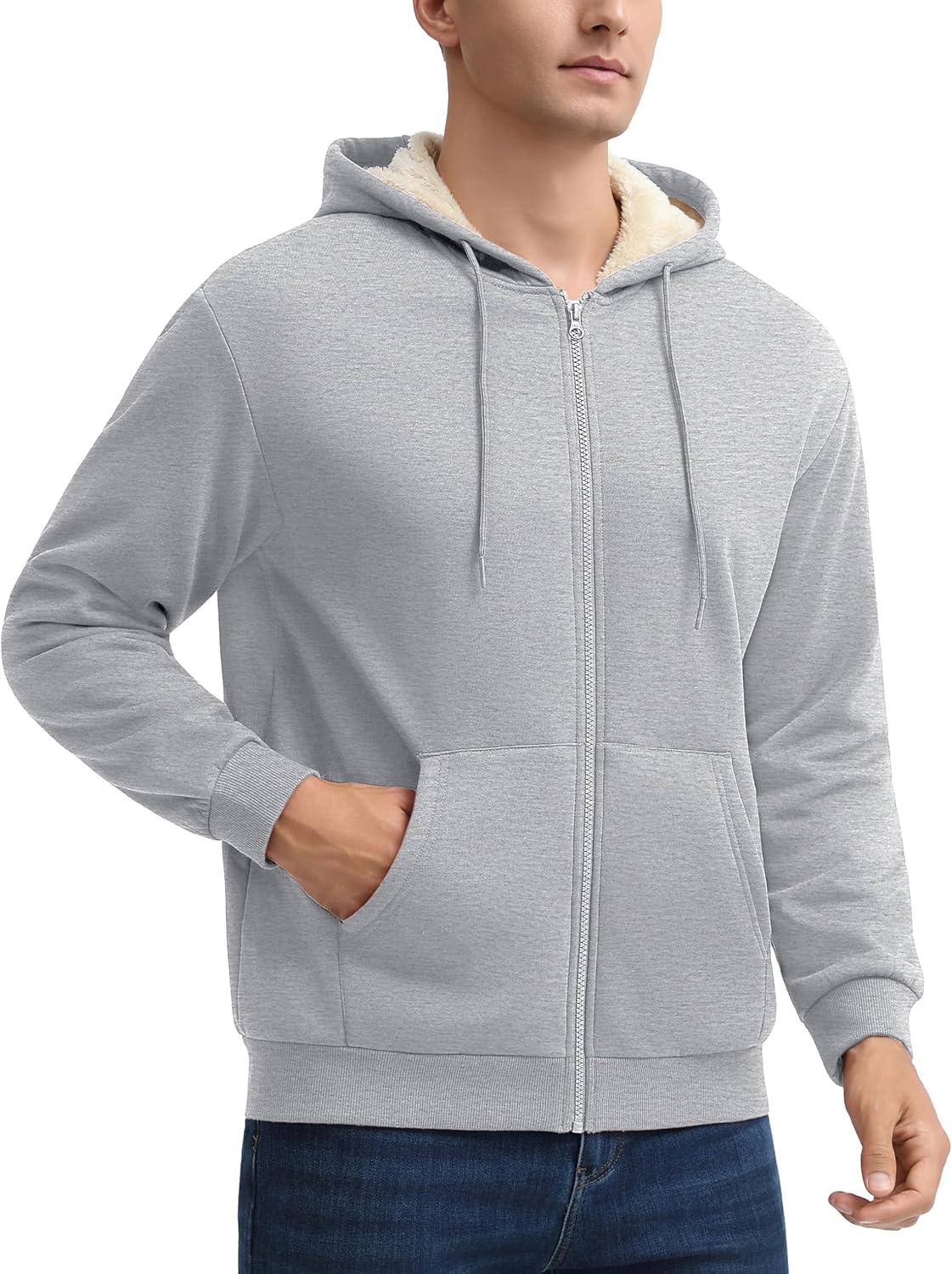 imageMAGCOMSEN Mens Zip Up Hoodie Sherpa Lined Hooded Sweatshirt Winter Heavyweight Hoodies Warm Thick Fleece JacketLight Grey