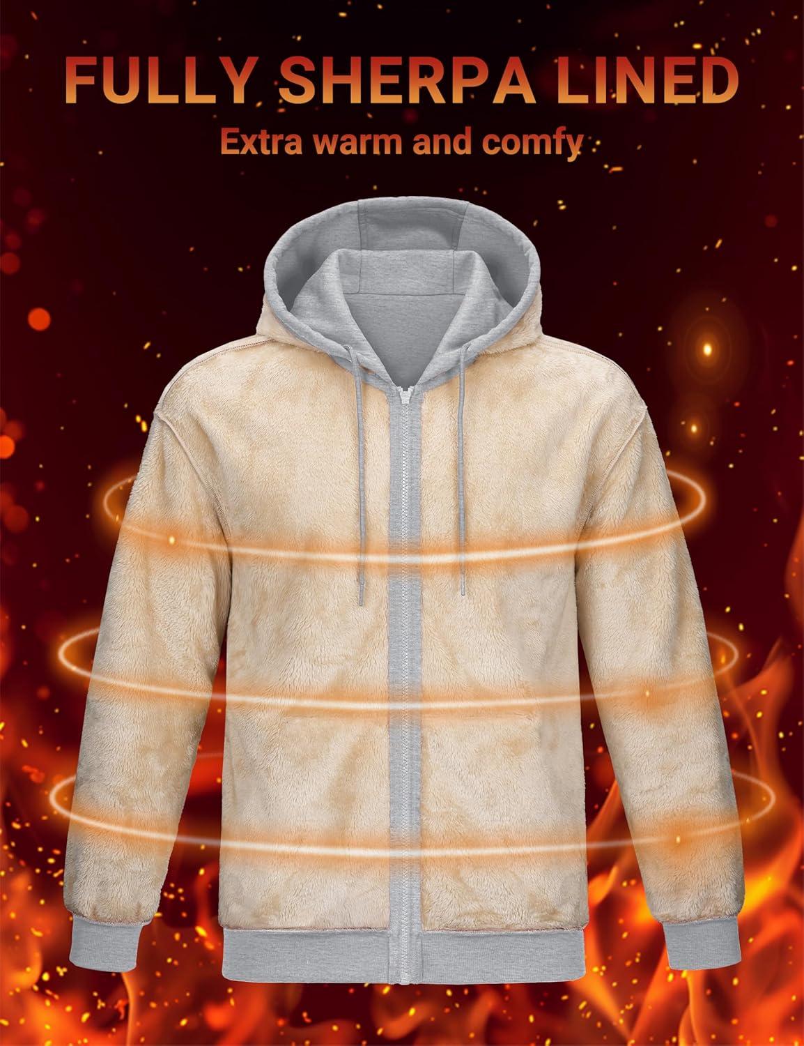 imageMAGCOMSEN Mens Zip Up Hoodie Sherpa Lined Hooded Sweatshirt Winter Heavyweight Hoodies Warm Thick Fleece JacketLight Grey