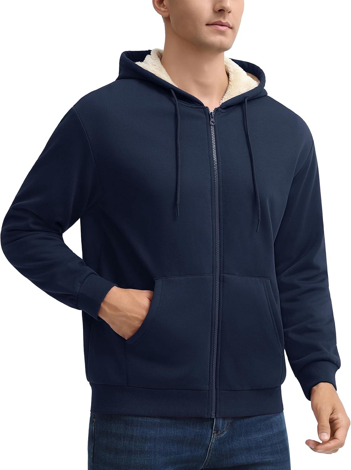 imageMAGCOMSEN Mens Zip Up Hoodie Sherpa Lined Hooded Sweatshirt Winter Heavyweight Hoodies Warm Thick Fleece JacketNavy