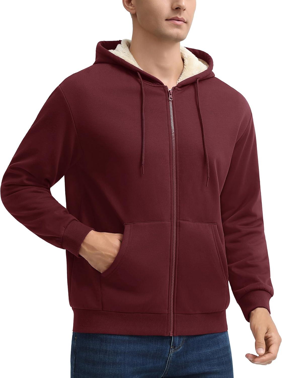 imageMAGCOMSEN Mens Zip Up Hoodie Sherpa Lined Hooded Sweatshirt Winter Heavyweight Hoodies Warm Thick Fleece JacketWine Red