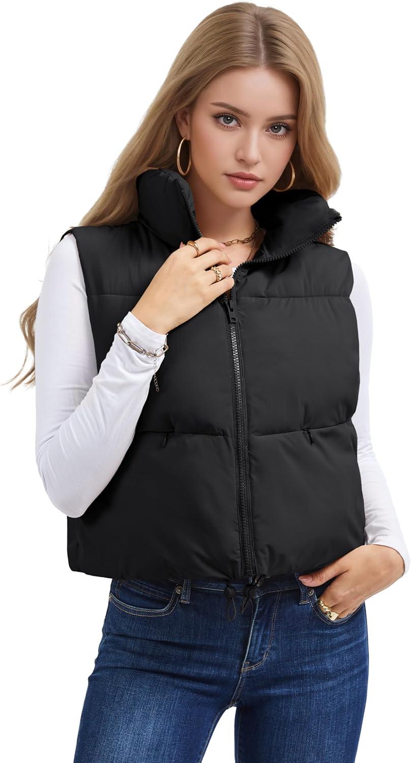 imageMAGCOMSEN Womens Cropped Puffer Vest Lightweight Zip Up Stand Collar Winter Fashion Outerwear Sleeveless Padded GiletBlack