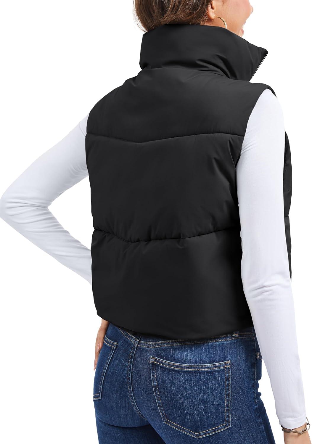 imageMAGCOMSEN Womens Cropped Puffer Vest Lightweight Zip Up Stand Collar Winter Fashion Outerwear Sleeveless Padded GiletBlack