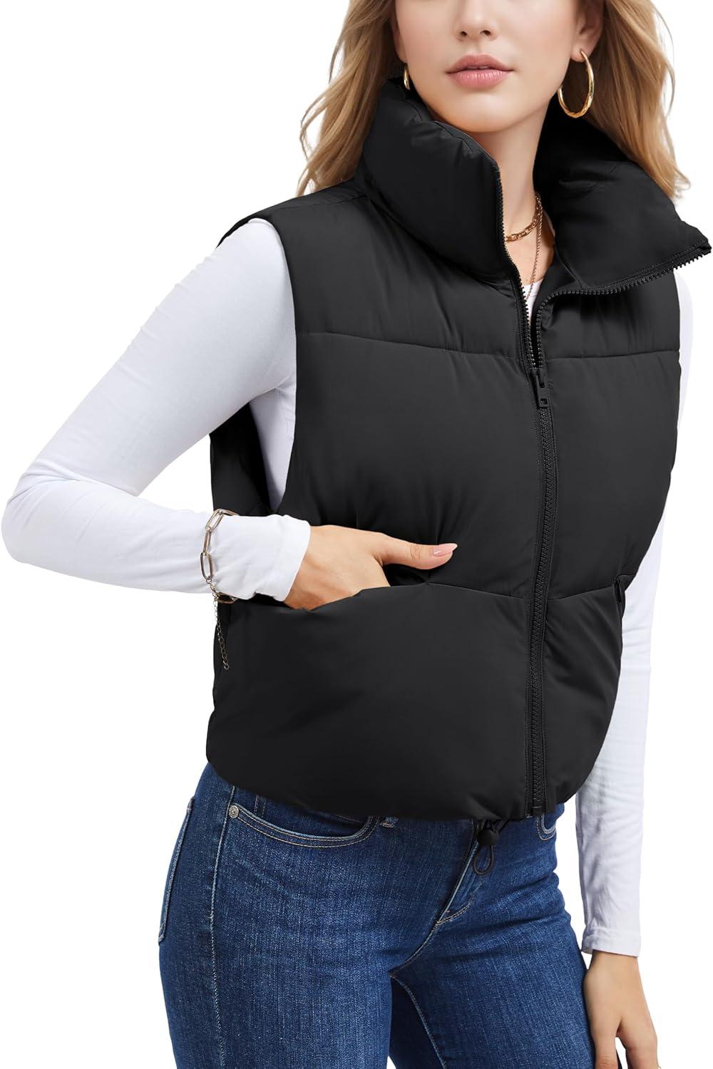 imageMAGCOMSEN Womens Cropped Puffer Vest Lightweight Zip Up Stand Collar Winter Fashion Outerwear Sleeveless Padded GiletBlack