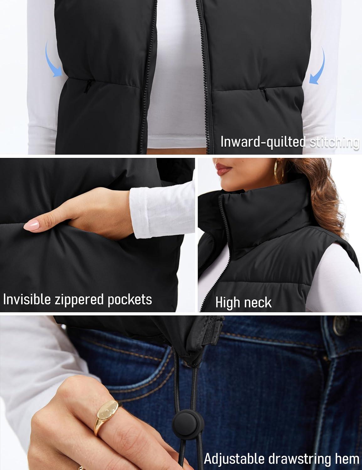 imageMAGCOMSEN Womens Cropped Puffer Vest Lightweight Zip Up Stand Collar Winter Fashion Outerwear Sleeveless Padded GiletBlack