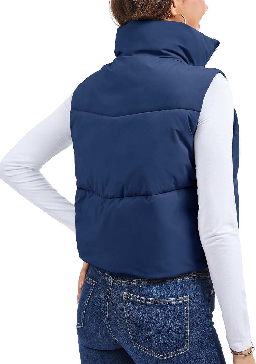 imageMAGCOMSEN Womens Cropped Puffer Vest Lightweight Zip Up Stand Collar Winter Fashion Outerwear Sleeveless Padded GiletDarkblue