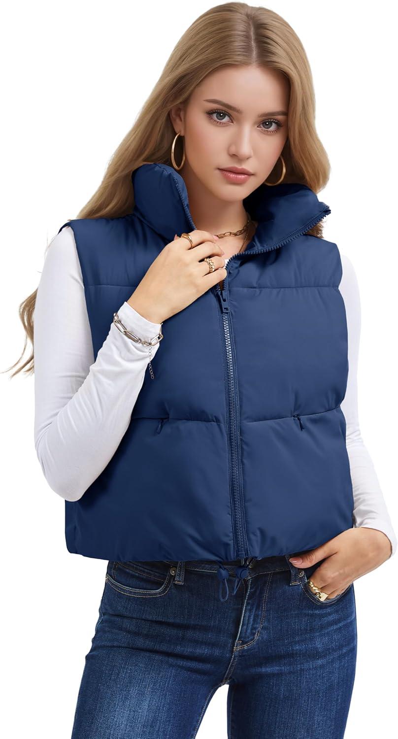 imageMAGCOMSEN Womens Cropped Puffer Vest Lightweight Zip Up Stand Collar Winter Fashion Outerwear Sleeveless Padded GiletDarkblue