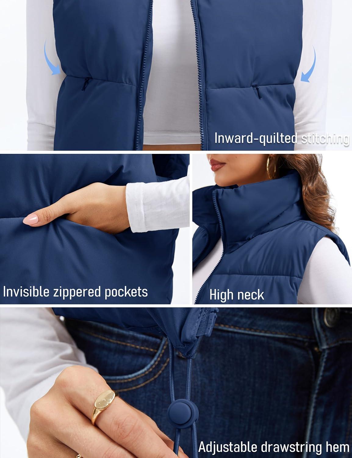 imageMAGCOMSEN Womens Cropped Puffer Vest Lightweight Zip Up Stand Collar Winter Fashion Outerwear Sleeveless Padded GiletDarkblue