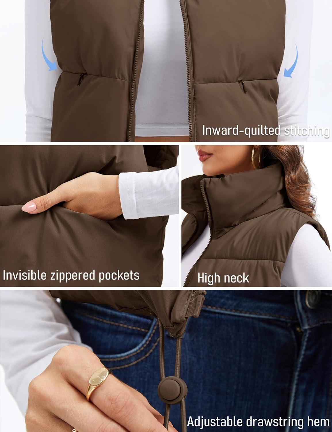 imageMAGCOMSEN Womens Cropped Puffer Vest Lightweight Zip Up Stand Collar Winter Fashion Outerwear Sleeveless Padded GiletDarkbrown