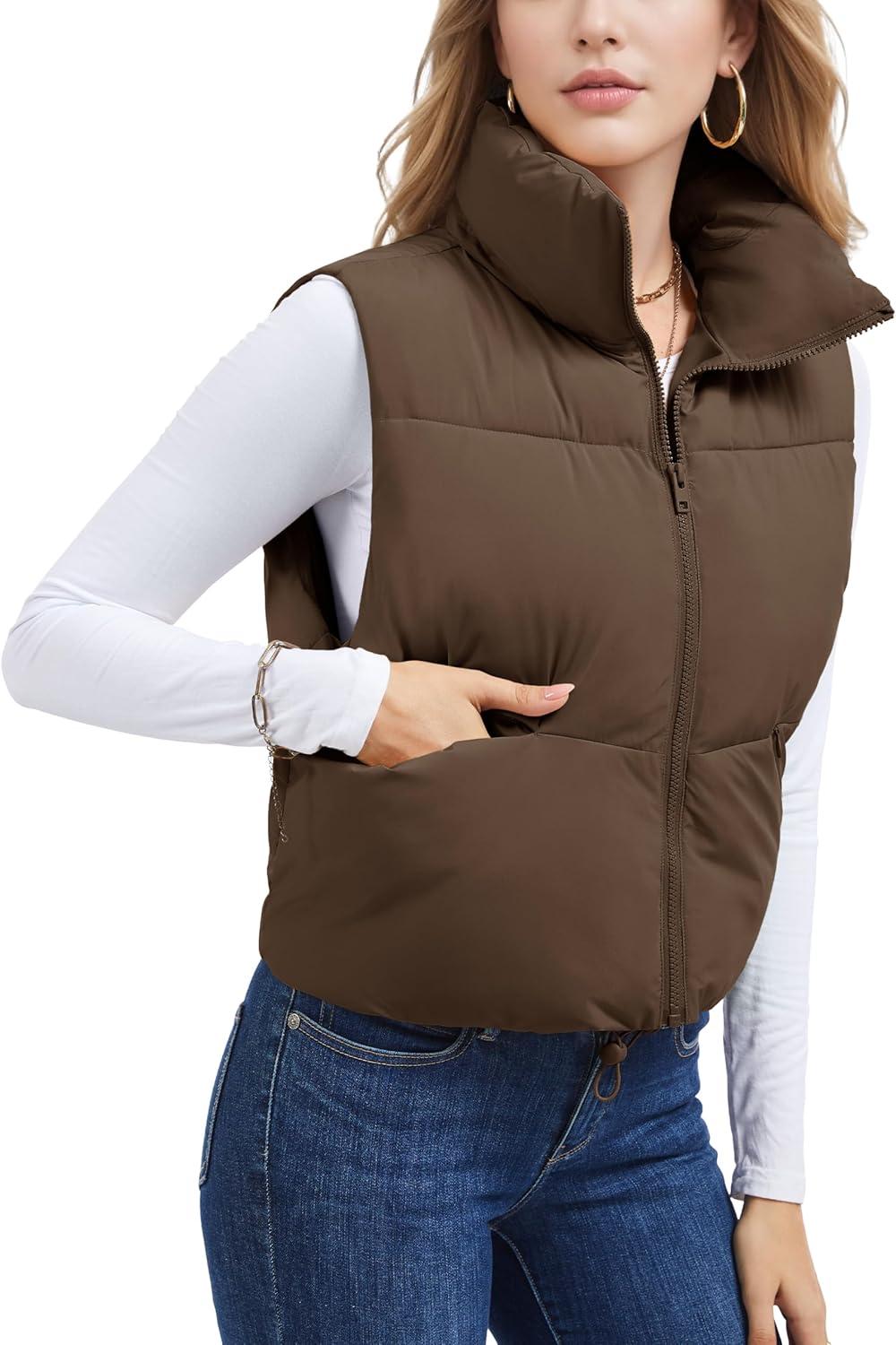 imageMAGCOMSEN Womens Cropped Puffer Vest Lightweight Zip Up Stand Collar Winter Fashion Outerwear Sleeveless Padded GiletDarkbrown