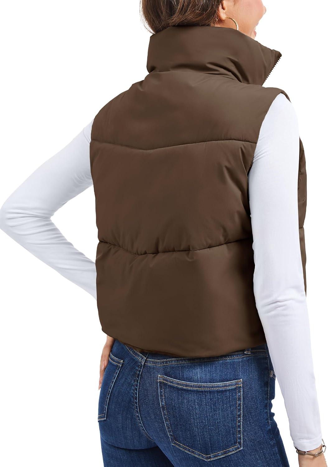 imageMAGCOMSEN Womens Cropped Puffer Vest Lightweight Zip Up Stand Collar Winter Fashion Outerwear Sleeveless Padded GiletDarkbrown