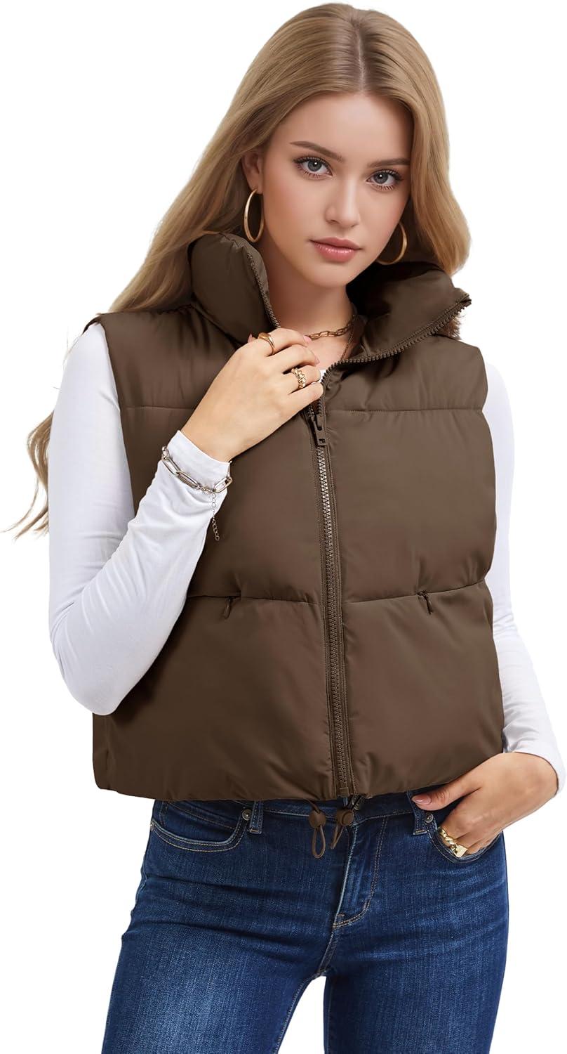 imageMAGCOMSEN Womens Cropped Puffer Vest Lightweight Zip Up Stand Collar Winter Fashion Outerwear Sleeveless Padded GiletDarkbrown
