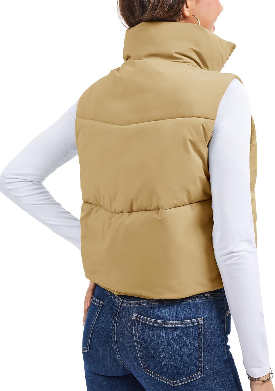 imageMAGCOMSEN Womens Cropped Puffer Vest Lightweight Zip Up Stand Collar Winter Fashion Outerwear Sleeveless Padded GiletDarkkhaki
