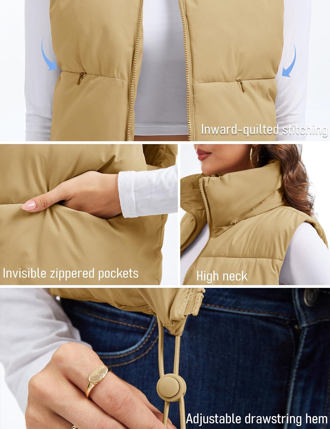 imageMAGCOMSEN Womens Cropped Puffer Vest Lightweight Zip Up Stand Collar Winter Fashion Outerwear Sleeveless Padded GiletDarkkhaki