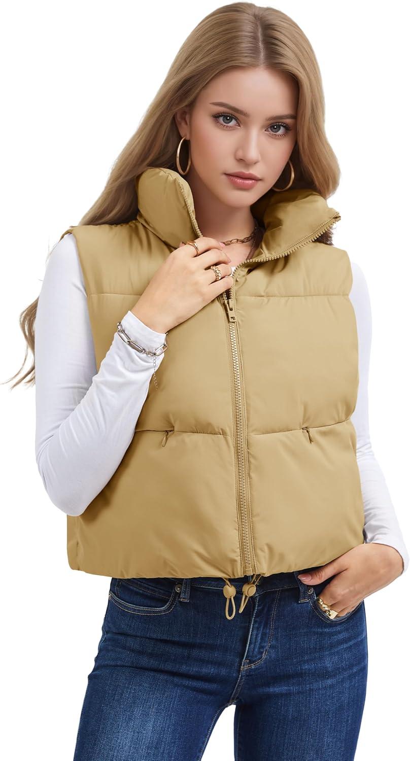 imageMAGCOMSEN Womens Cropped Puffer Vest Lightweight Zip Up Stand Collar Winter Fashion Outerwear Sleeveless Padded GiletDarkkhaki