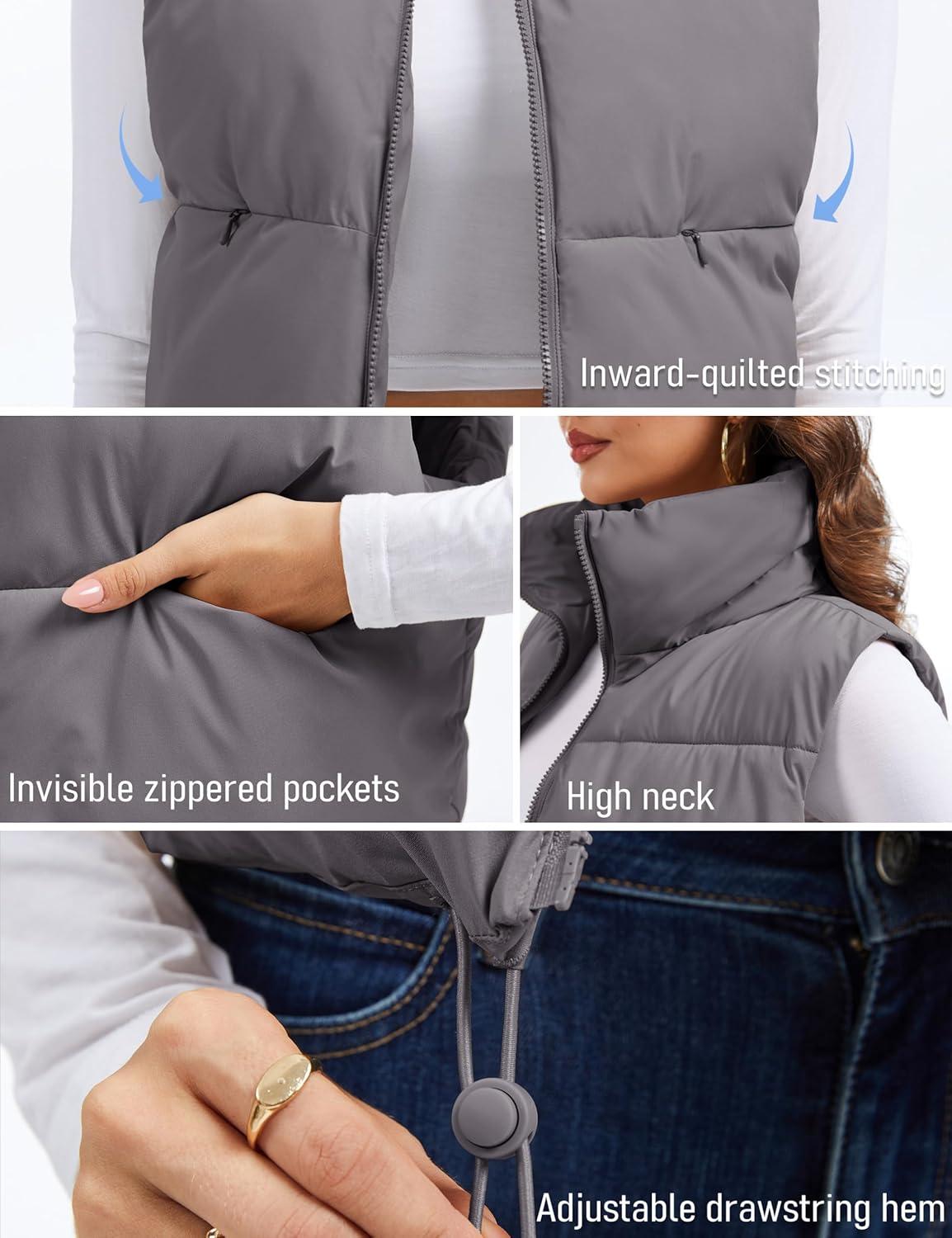 imageMAGCOMSEN Womens Cropped Puffer Vest Lightweight Zip Up Stand Collar Winter Fashion Outerwear Sleeveless Padded GiletGreypurple