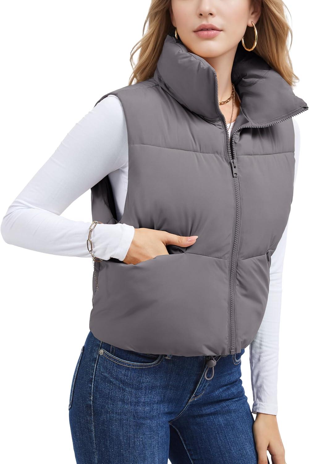imageMAGCOMSEN Womens Cropped Puffer Vest Lightweight Zip Up Stand Collar Winter Fashion Outerwear Sleeveless Padded GiletGreypurple