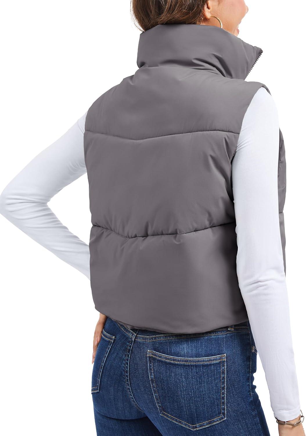 imageMAGCOMSEN Womens Cropped Puffer Vest Lightweight Zip Up Stand Collar Winter Fashion Outerwear Sleeveless Padded GiletGreypurple