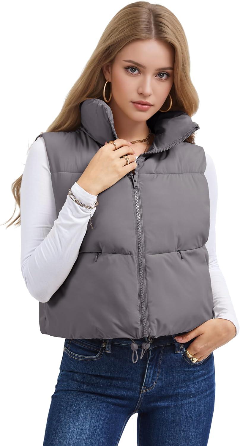 imageMAGCOMSEN Womens Cropped Puffer Vest Lightweight Zip Up Stand Collar Winter Fashion Outerwear Sleeveless Padded GiletGreypurple