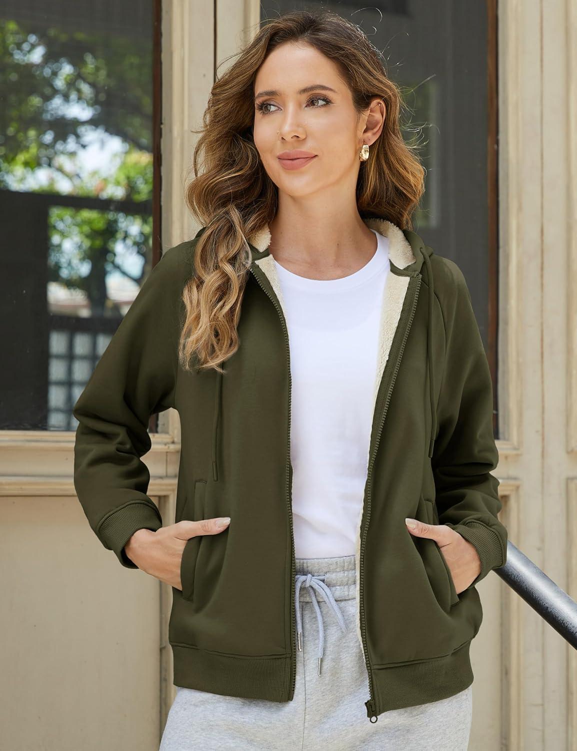 imageMAGCOMSEN Womens Zip Up Hoodies Sherpa Fleece Lined Sweatshirts Hooded Winter Coat Thick Warm Jackets Casual Cold WeatherArmy Green