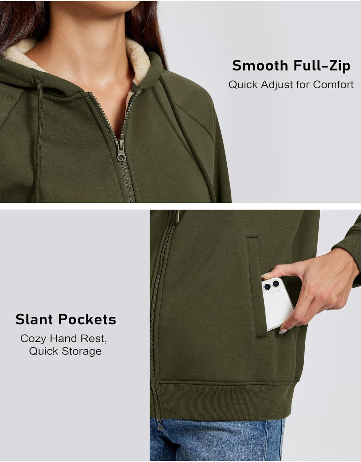 imageMAGCOMSEN Womens Zip Up Hoodies Sherpa Fleece Lined Sweatshirts Hooded Winter Coat Thick Warm Jackets Casual Cold WeatherArmy Green