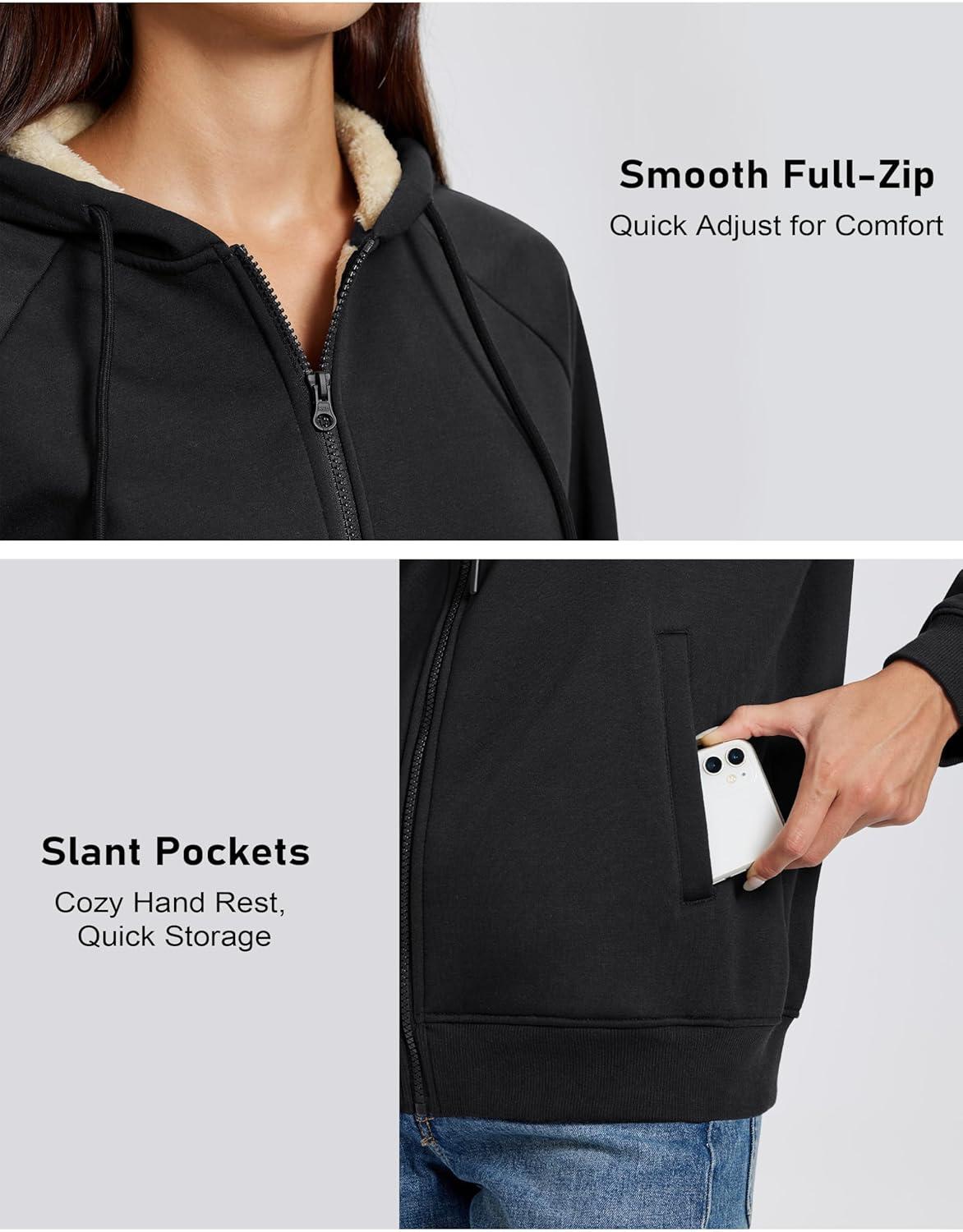 imageMAGCOMSEN Womens Zip Up Hoodies Sherpa Fleece Lined Sweatshirts Hooded Winter Coat Thick Warm Jackets Casual Cold WeatherBlack