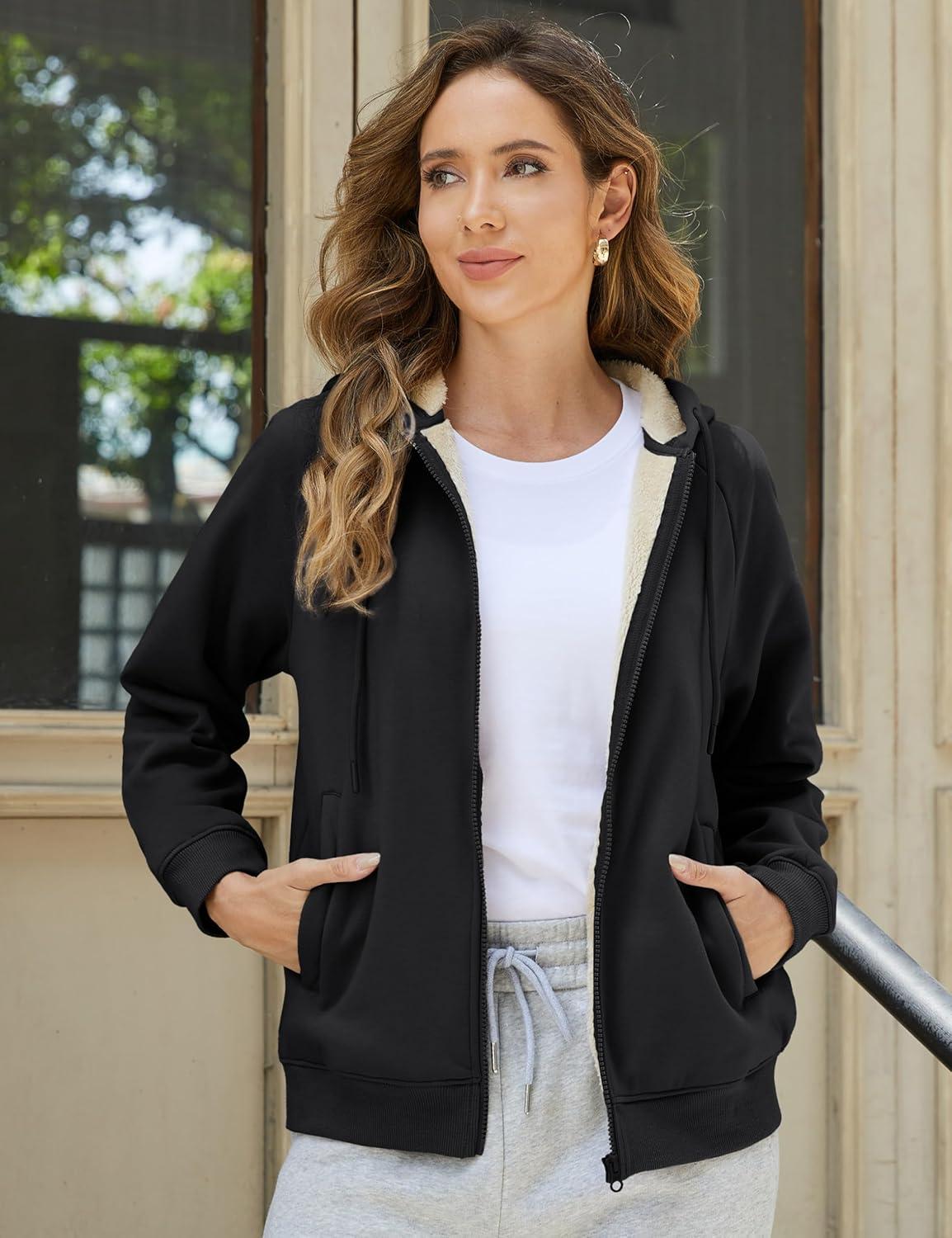 imageMAGCOMSEN Womens Zip Up Hoodies Sherpa Fleece Lined Sweatshirts Hooded Winter Coat Thick Warm Jackets Casual Cold WeatherBlack