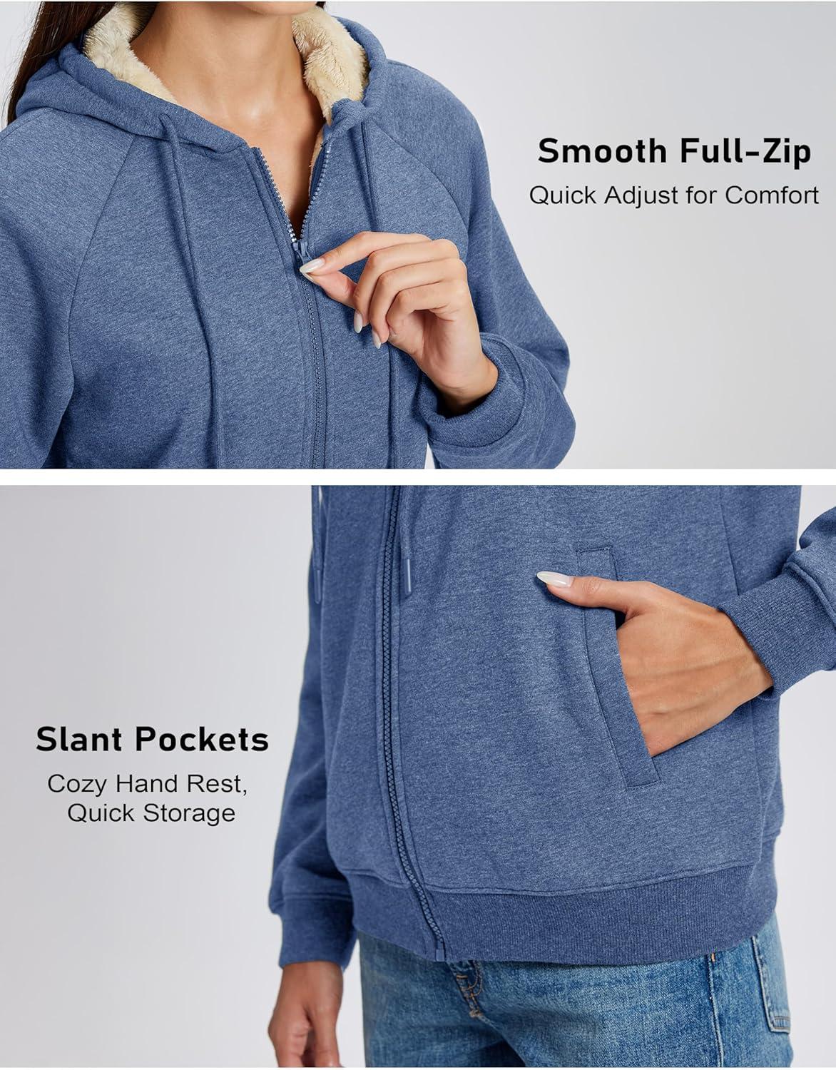 imageMAGCOMSEN Womens Zip Up Hoodies Sherpa Fleece Lined Sweatshirts Hooded Winter Coat Thick Warm Jackets Casual Cold WeatherBlue