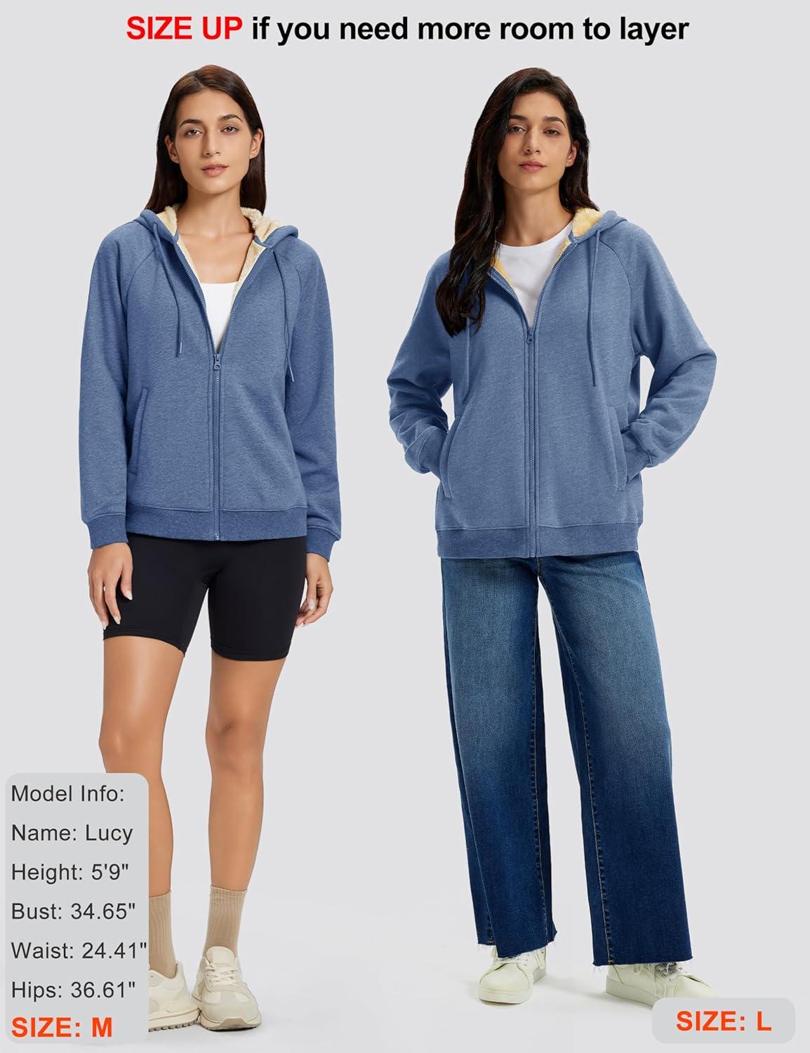 imageMAGCOMSEN Womens Zip Up Hoodies Sherpa Fleece Lined Sweatshirts Hooded Winter Coat Thick Warm Jackets Casual Cold WeatherBlue