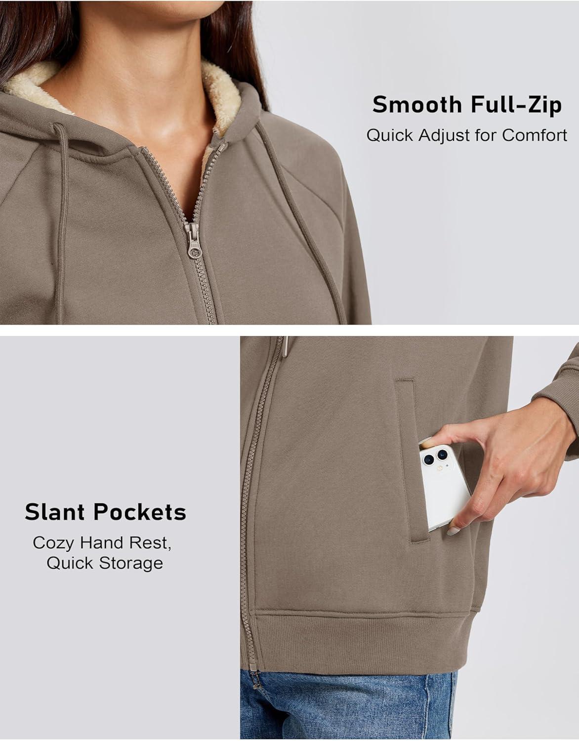 imageMAGCOMSEN Womens Zip Up Hoodies Sherpa Fleece Lined Sweatshirts Hooded Winter Coat Thick Warm Jackets Casual Cold WeatherCoffee Gray