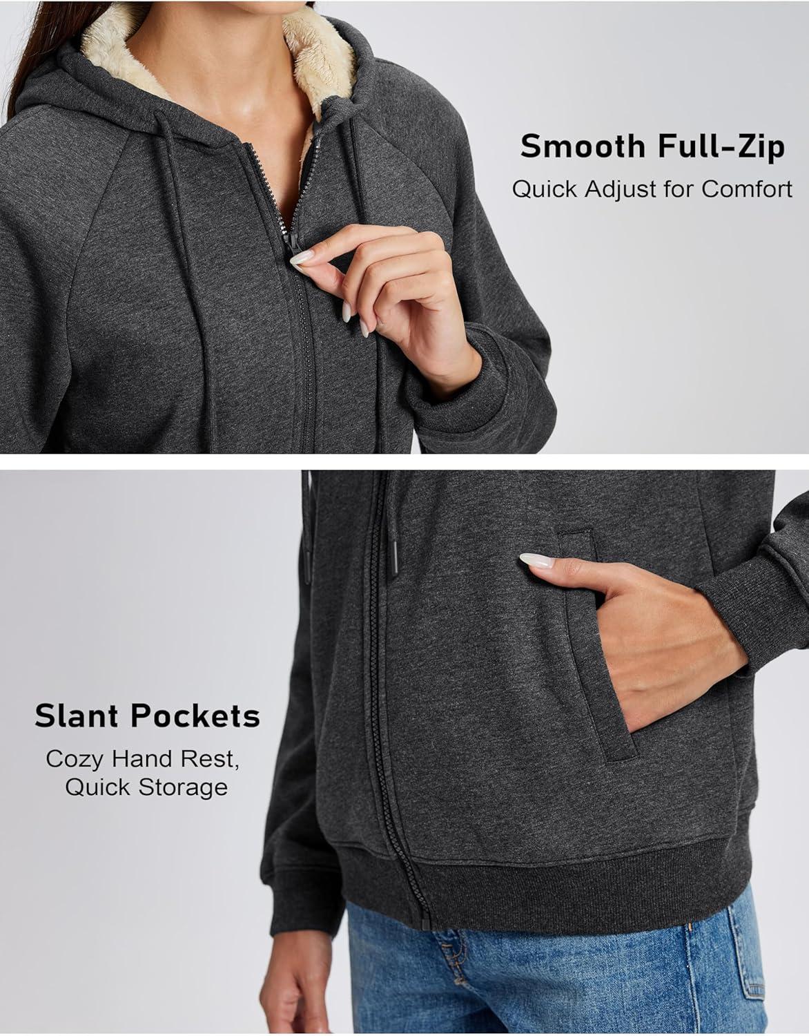 imageMAGCOMSEN Womens Zip Up Hoodies Sherpa Fleece Lined Sweatshirts Hooded Winter Coat Thick Warm Jackets Casual Cold WeatherGray