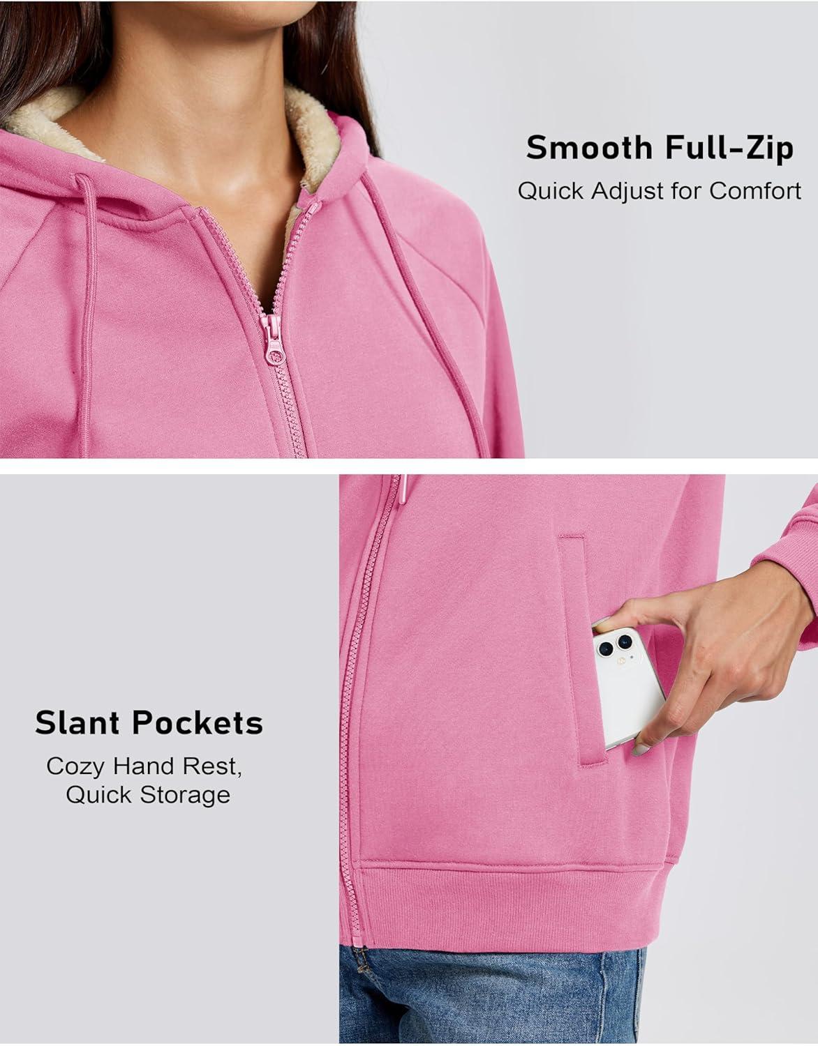 imageMAGCOMSEN Womens Zip Up Hoodies Sherpa Fleece Lined Sweatshirts Hooded Winter Coat Thick Warm Jackets Casual Cold WeatherHot Pink