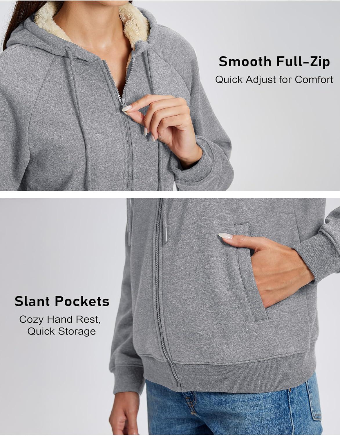 imageMAGCOMSEN Womens Zip Up Hoodies Sherpa Fleece Lined Sweatshirts Hooded Winter Coat Thick Warm Jackets Casual Cold WeatherLight Gray