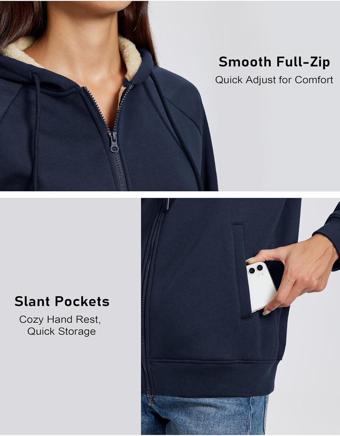 imageMAGCOMSEN Womens Zip Up Hoodies Sherpa Fleece Lined Sweatshirts Hooded Winter Coat Thick Warm Jackets Casual Cold WeatherNavy