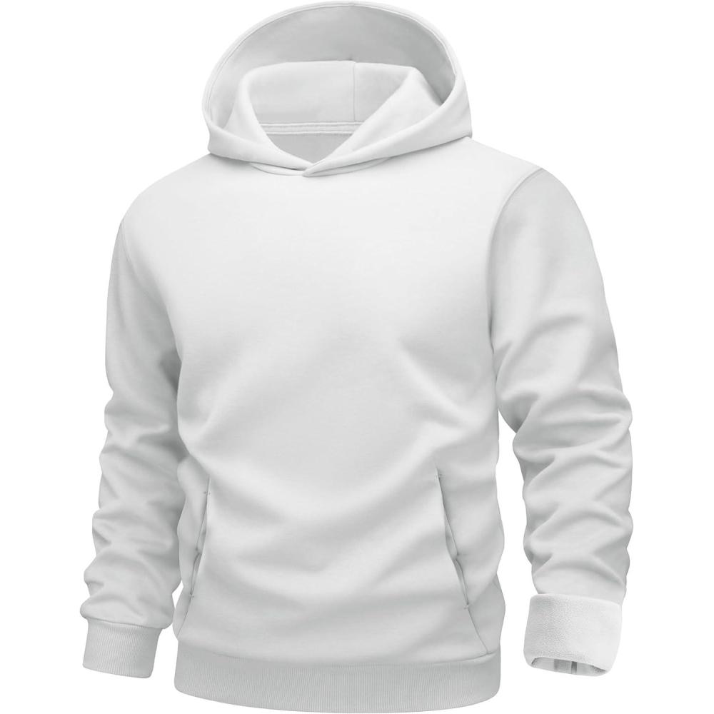 imageMAGCOMSEN Mens Fleece Lined Hoodies Fashion Casual Athletic Hoody Pullover Plain Sweatshirts with Kangaroo PocketWhite