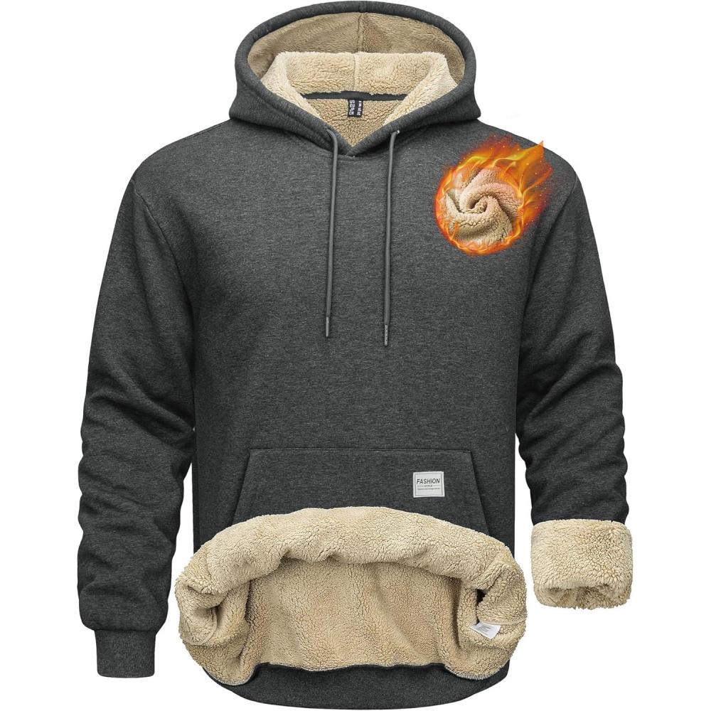 imageMAGCOMSEN Mens Hoodie Pullover Fleece Sweatshirts Heavyweight Sherpa Lined Thick Warm Winter Hoodies with Kangaroo PocketGray
