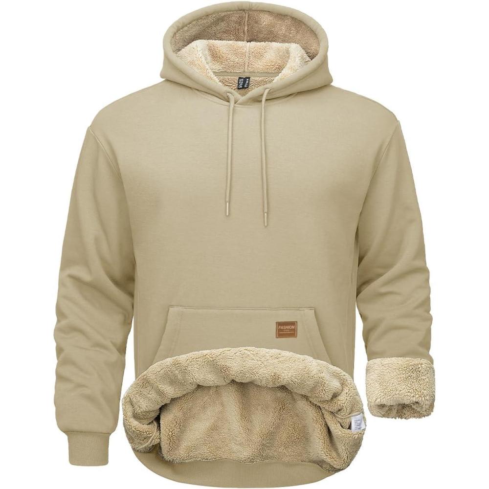 imageMAGCOMSEN Mens Hoodie Pullover Fleece Sweatshirts Heavyweight Sherpa Lined Thick Warm Winter Hoodies with Kangaroo PocketKhaki