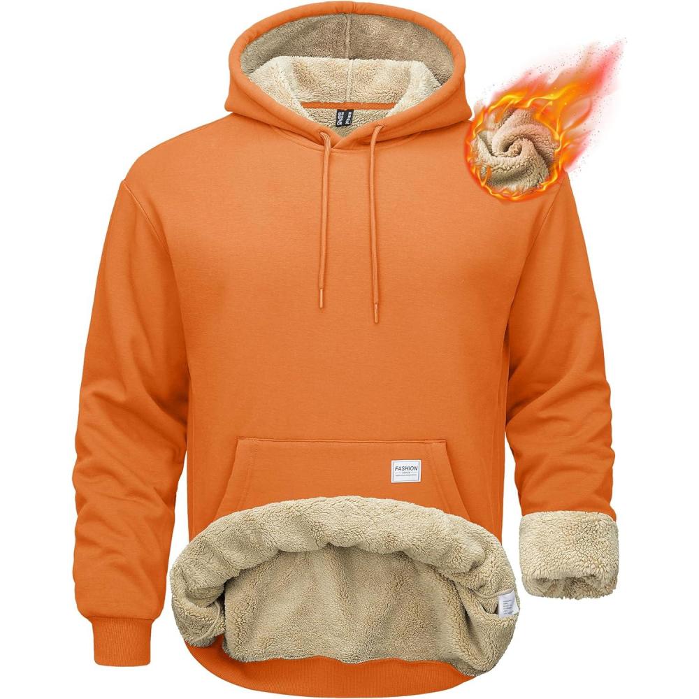 imageMAGCOMSEN Mens Hoodie Pullover Fleece Sweatshirts Heavyweight Sherpa Lined Thick Warm Winter Hoodies with Kangaroo PocketOrange