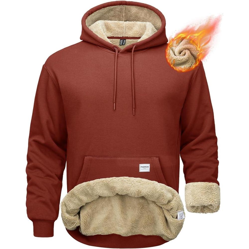 imageMAGCOMSEN Mens Hoodie Pullover Fleece Sweatshirts Heavyweight Sherpa Lined Thick Warm Winter Hoodies with Kangaroo PocketOrangered