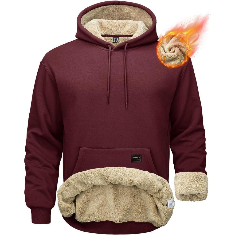 imageMAGCOMSEN Mens Hoodie Pullover Fleece Sweatshirts Heavyweight Sherpa Lined Thick Warm Winter Hoodies with Kangaroo PocketWinered