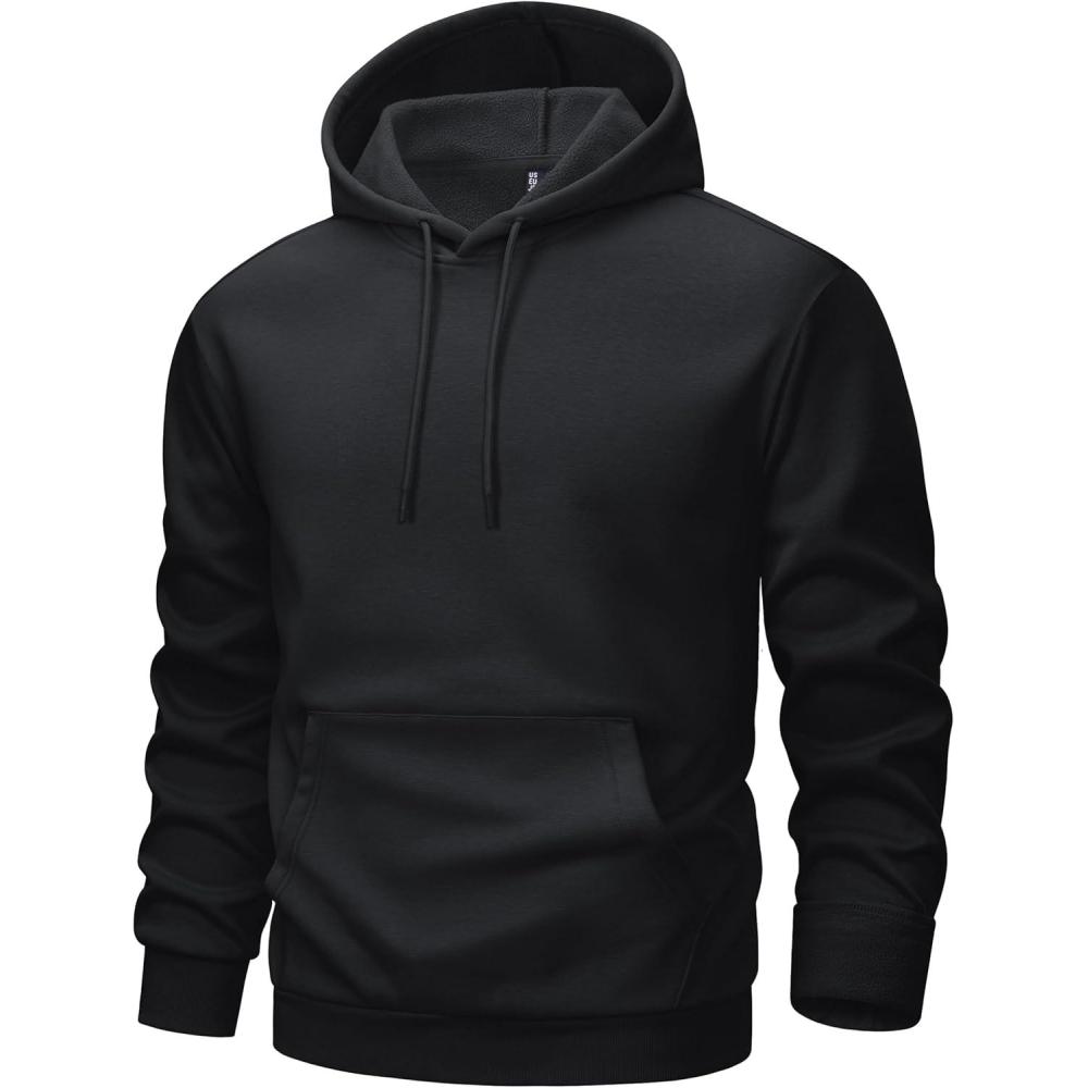 imageMAGCOMSEN Mens Hoodies Fleece Lined Sweatshirts Drawstring Casual Workout Midweight Pullover With Kangaroo PocketBlack