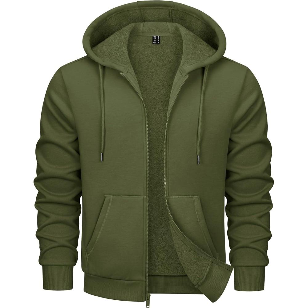 imageMAGCOMSEN Mens Hoodies Full Zip Up Sweatshirt Fleece Lined Midweigt Hooded Jacket with Pockets Casual Sports SweaterArmy Green