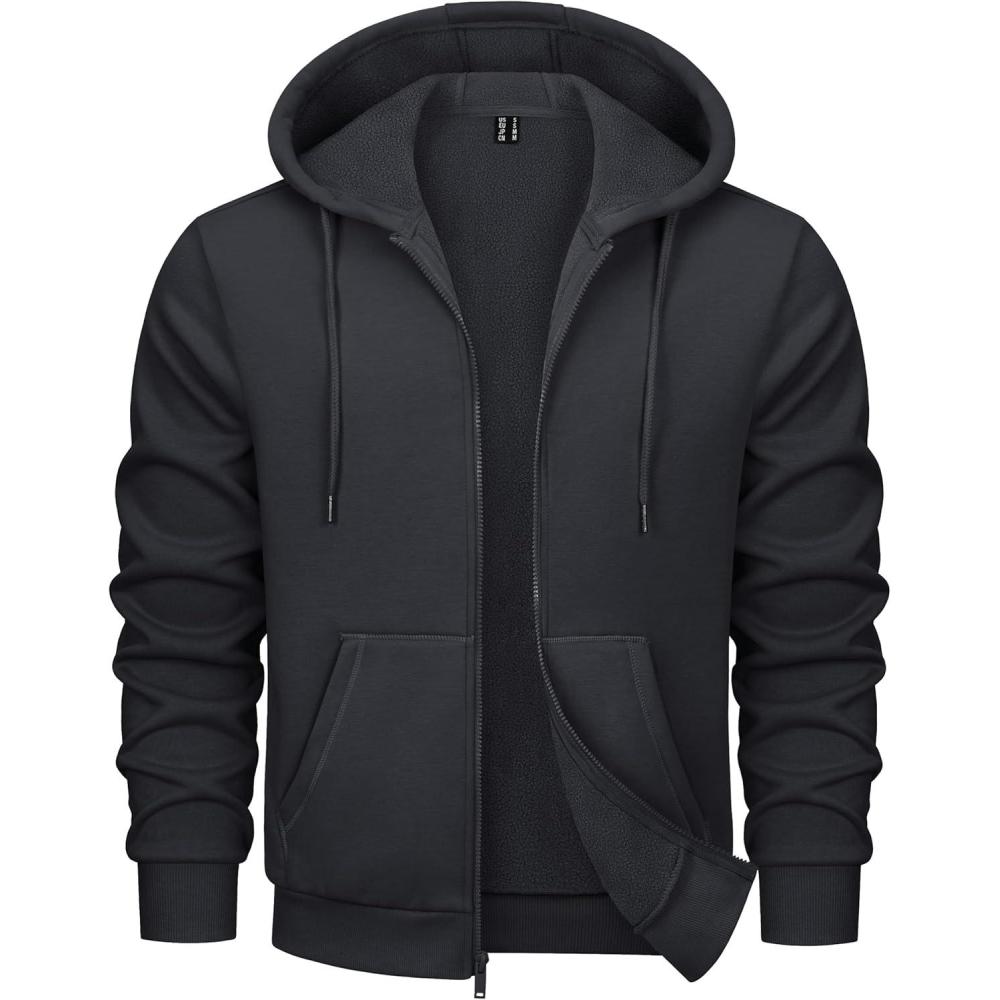 imageMAGCOMSEN Mens Hoodies Full Zip Up Sweatshirt Fleece Lined Midweigt Hooded Jacket with Pockets Casual Sports SweaterBlack