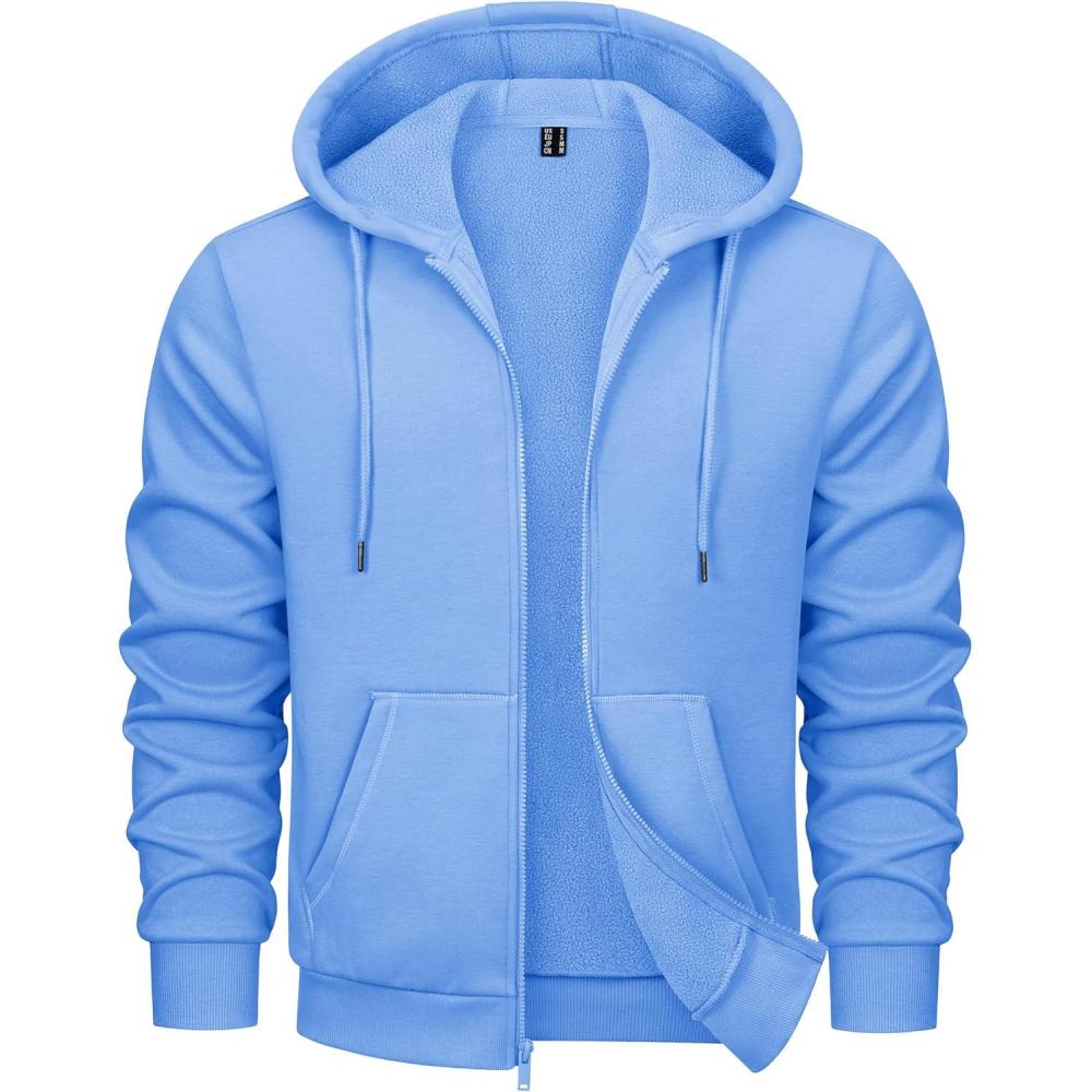 imageMAGCOMSEN Mens Hoodies Full Zip Up Sweatshirt Fleece Lined Midweigt Hooded Jacket with Pockets Casual Sports SweaterLight Blue