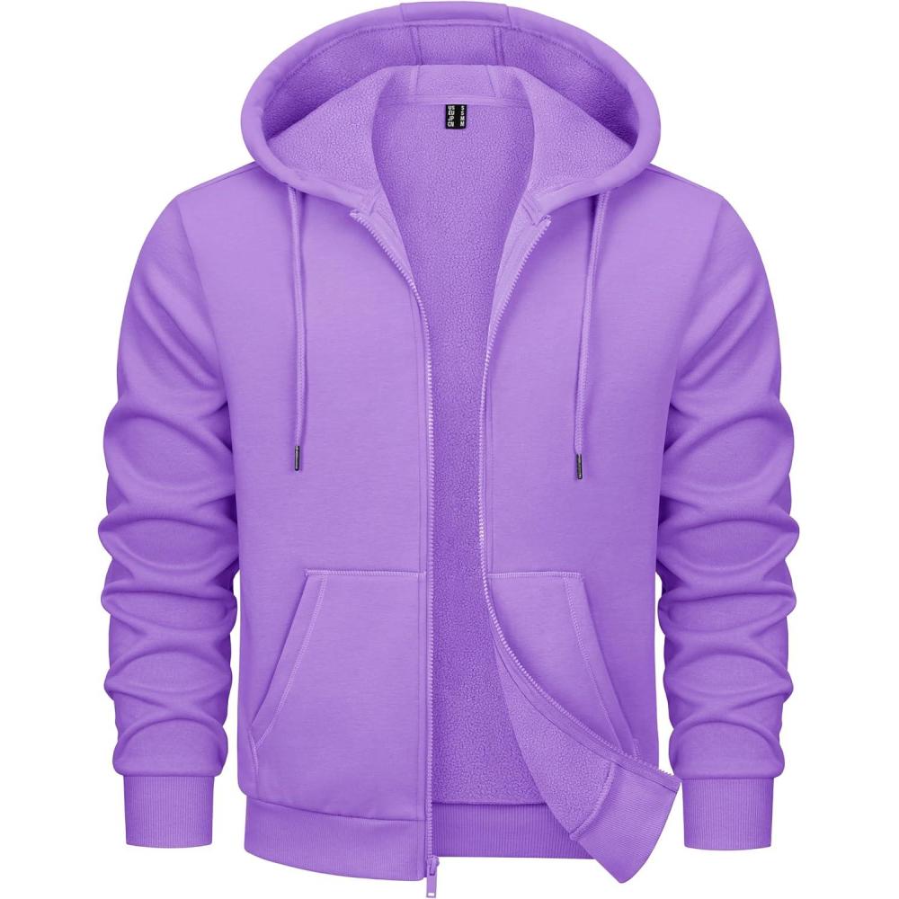 imageMAGCOMSEN Mens Hoodies Full Zip Up Sweatshirt Fleece Lined Midweigt Hooded Jacket with Pockets Casual Sports SweaterLight Purple