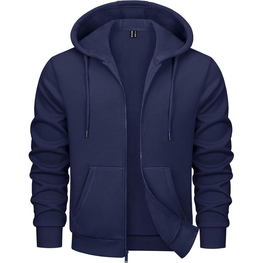 imageMAGCOMSEN Mens Hoodies Full Zip Up Sweatshirt Fleece Lined Midweigt Hooded Jacket with Pockets Casual Sports SweaterNavy